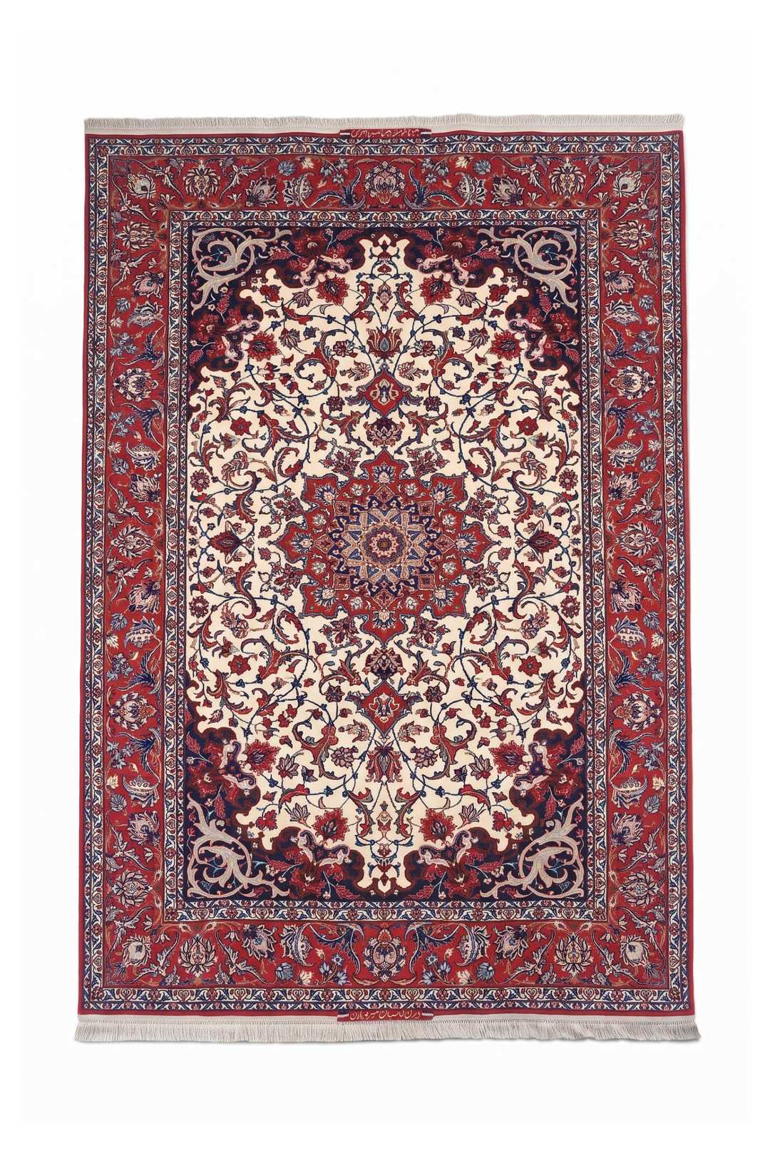Ivory and Red Star Medallion Sirafian Isfahan, Hand-Knotted Wool Rug