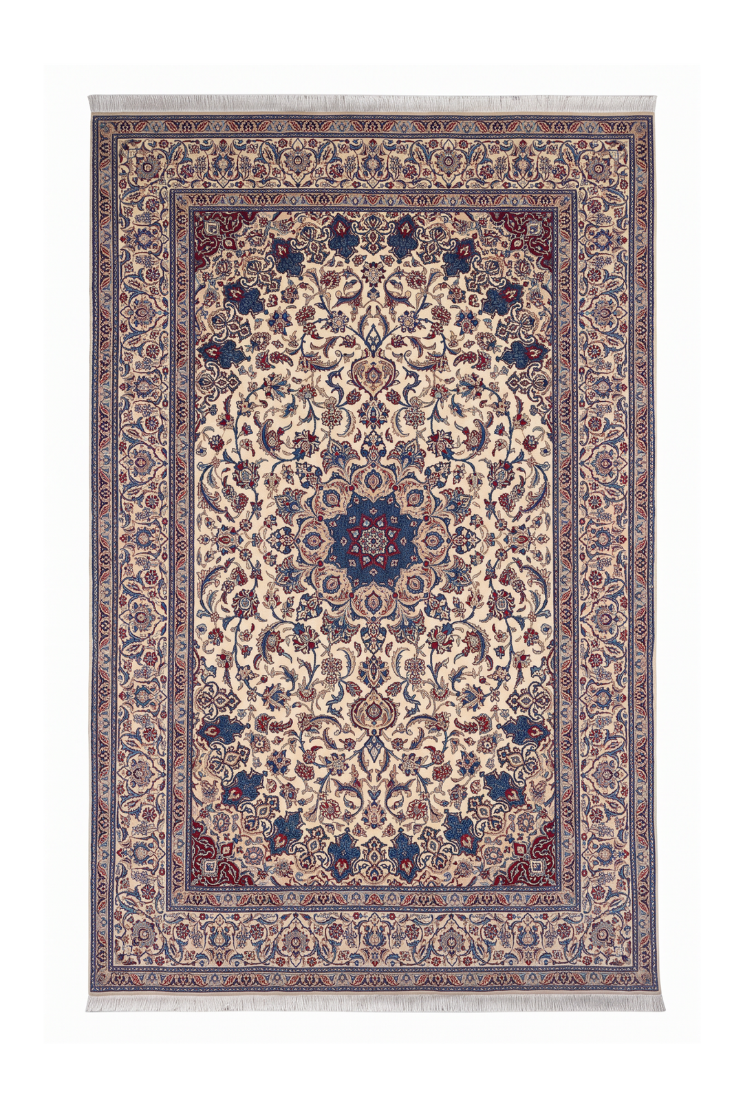 Ivory and Blue Star Medallion Nain, Hand-Knotted Wool Rug