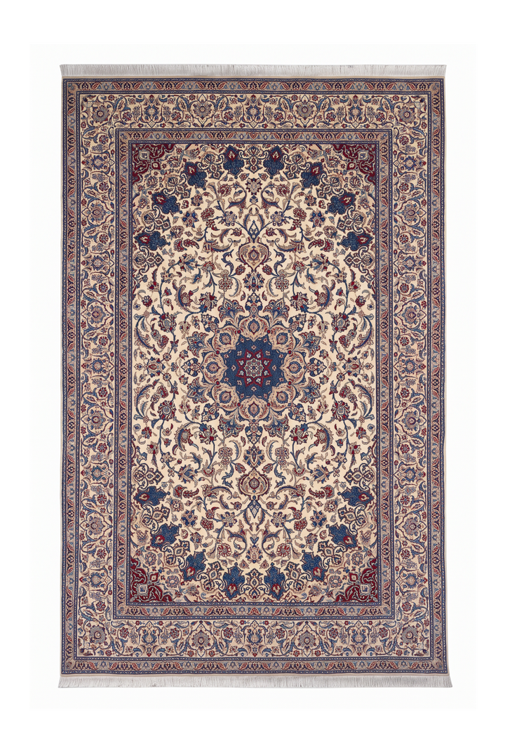 Ivory and Blue Star Medallion Nain, Hand-Knotted Wool Rug