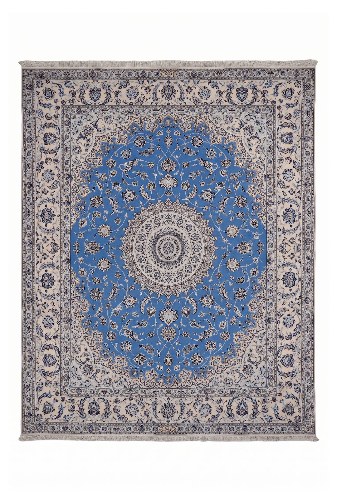 Blue and Ivory Gonbad Dome Nain, Hand-Knotted Wool Rug