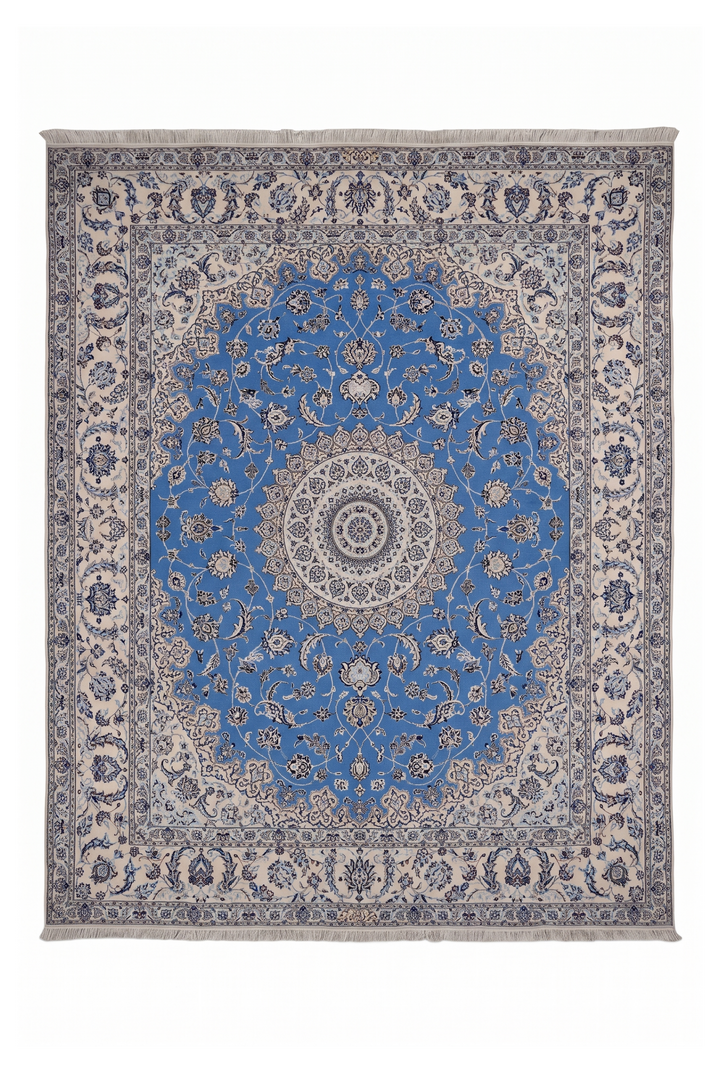 Blue and Ivory Gonbad Dome Nain, Hand-Knotted Wool Rug