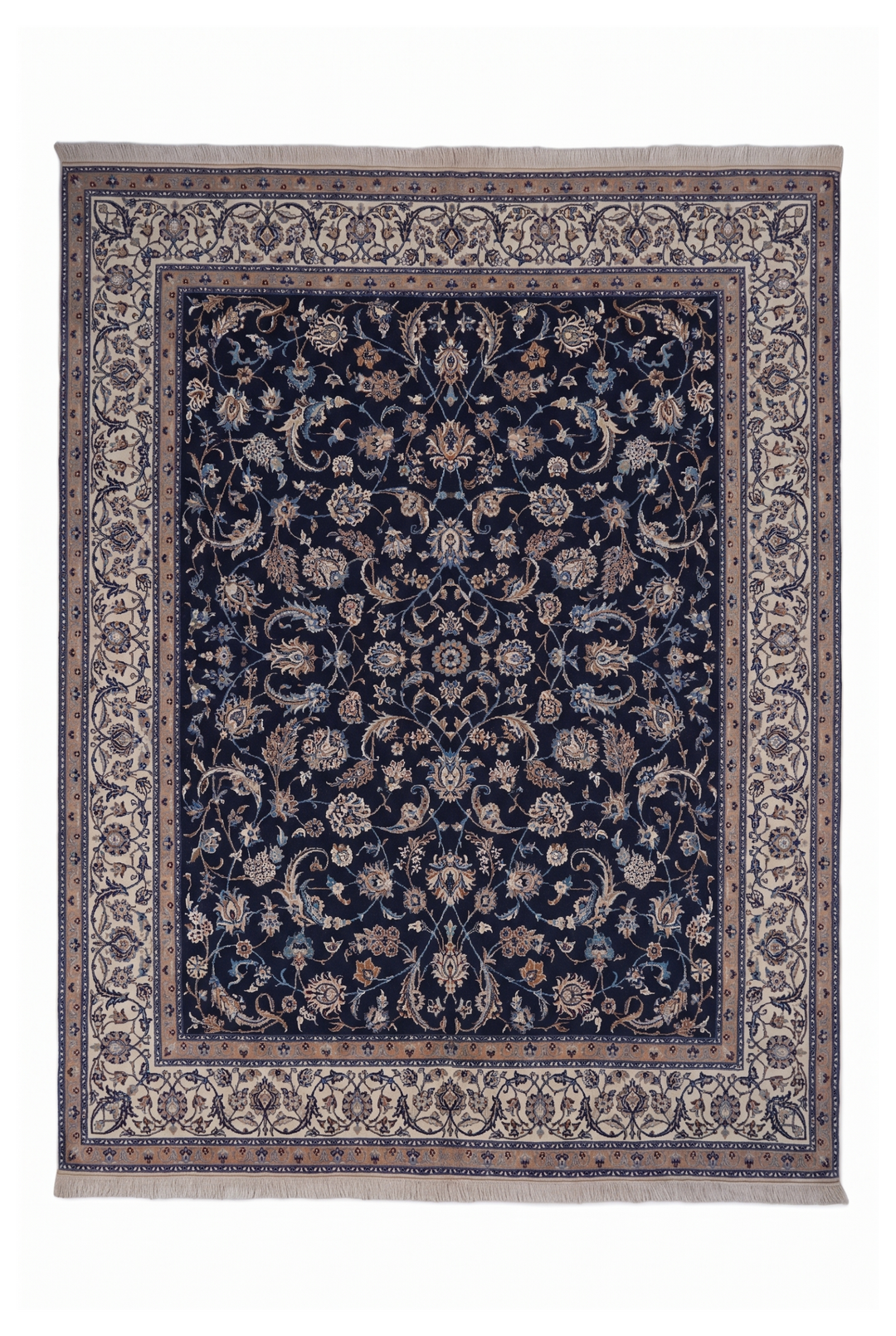 Navy and Ivory All-Over Arabesque Nain, Hand-Knotted Wool Rug