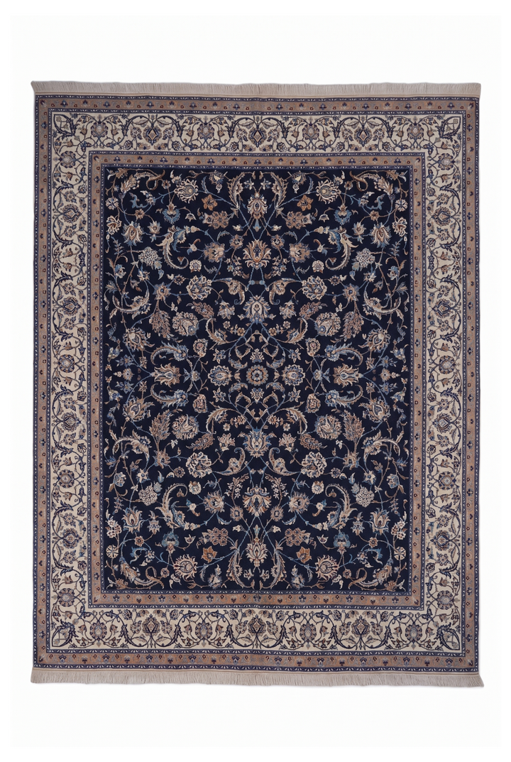 Navy and Ivory All-Over Arabesque Nain, Hand-Knotted Wool Rug