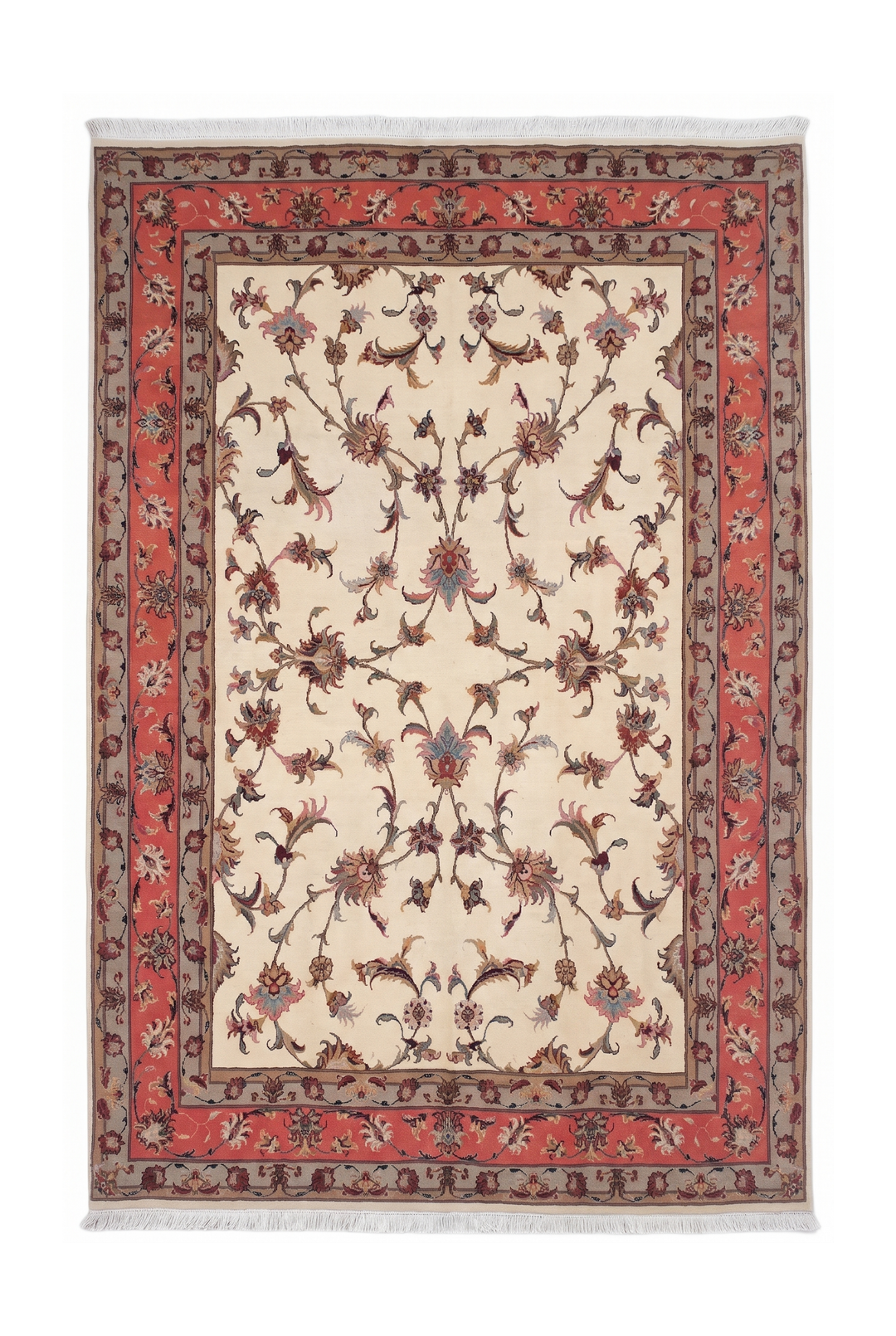 Ivory and Coral Serrated Leaf Tabriz, Hand-Knotted Wool Rug