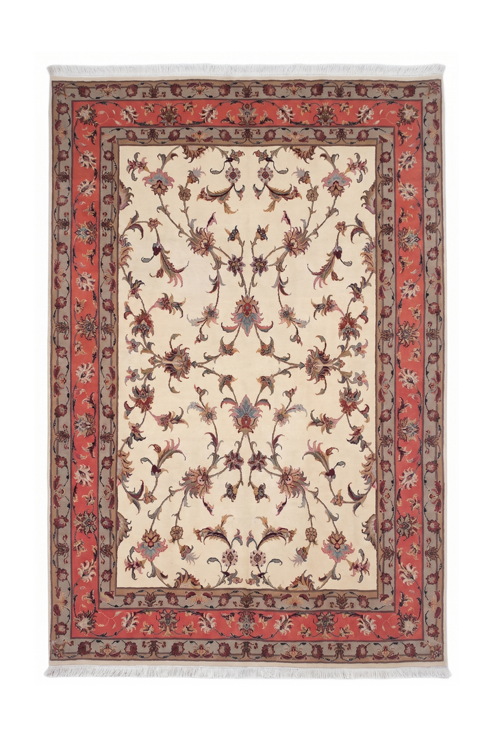 Ivory and Coral Serrated Leaf Tabriz, Hand-Knotted Wool Rug