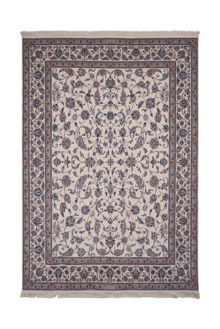 Ivory and Salmon All-Over Arabesque Nain, Hand-Knotted Wool Rug