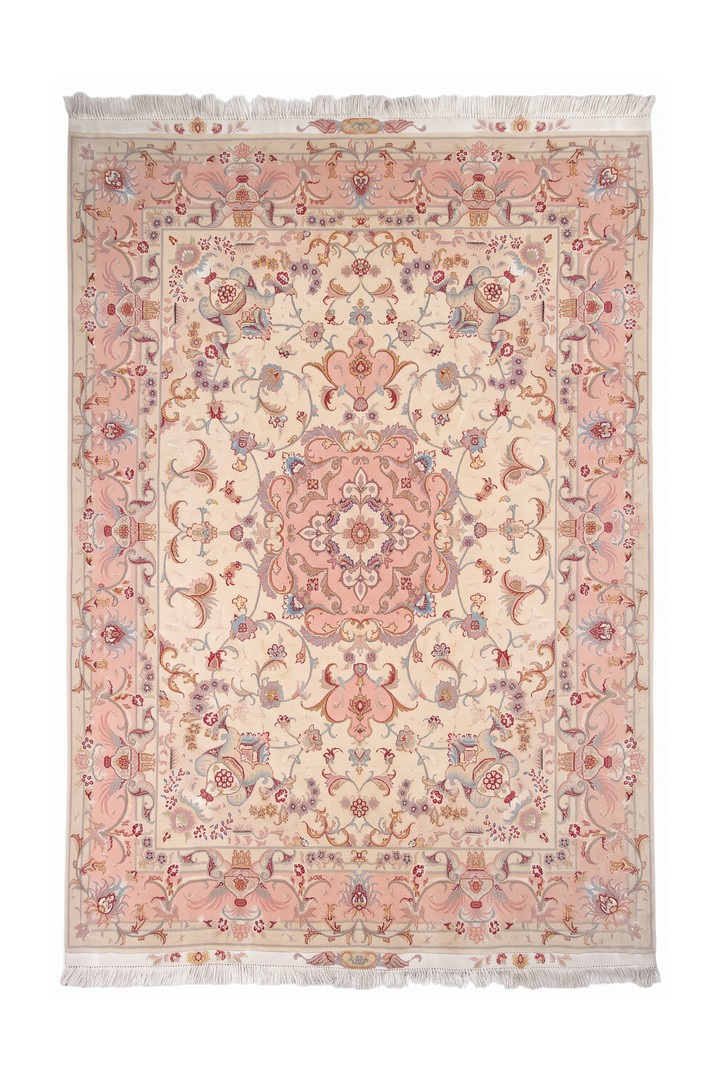 Cream and Rose Pink Vase Border Tabriz, Hand-Knotted Wool Rug