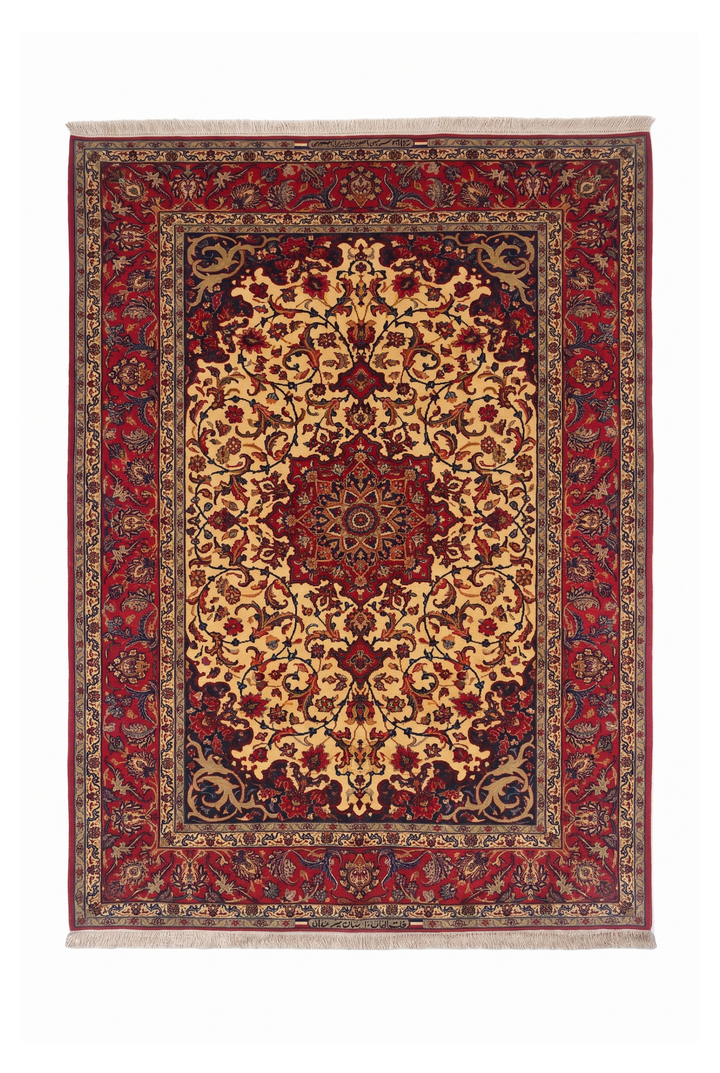 Gold and Red Medallion Sirafian Isfahan, Hand-Knotted Wool Rug