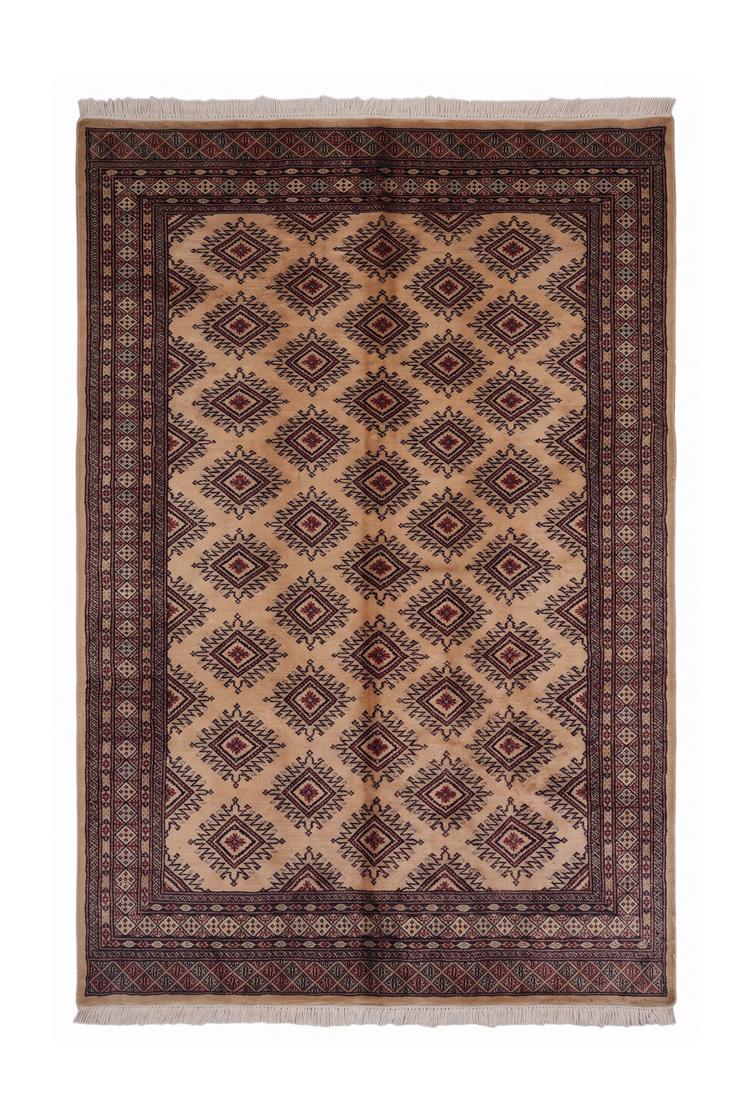 Cream and Brown Jaldar Stepped Diamond, Hand-Knotted Wool Rug