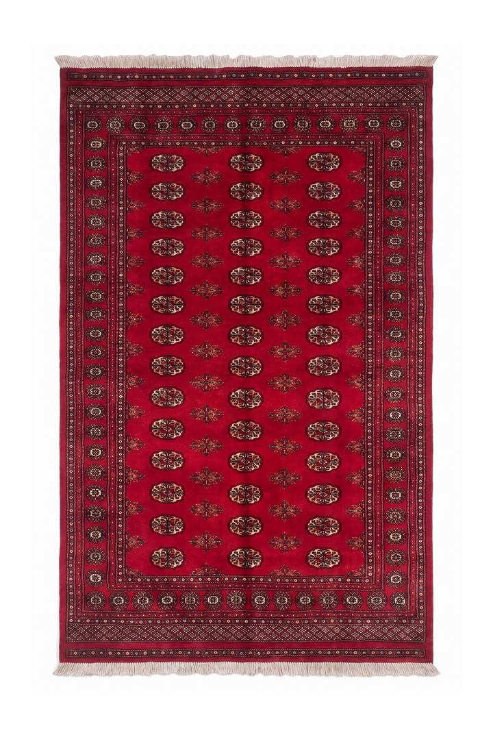 Crimson and Cream Turkmen Gül Bokhara, Hand-Knotted Wool Rug