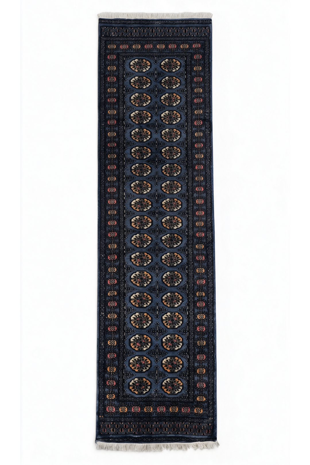 Slate Blue and Cream Turkmen Gül Bokhara, Hand-Knotted Wool Rug