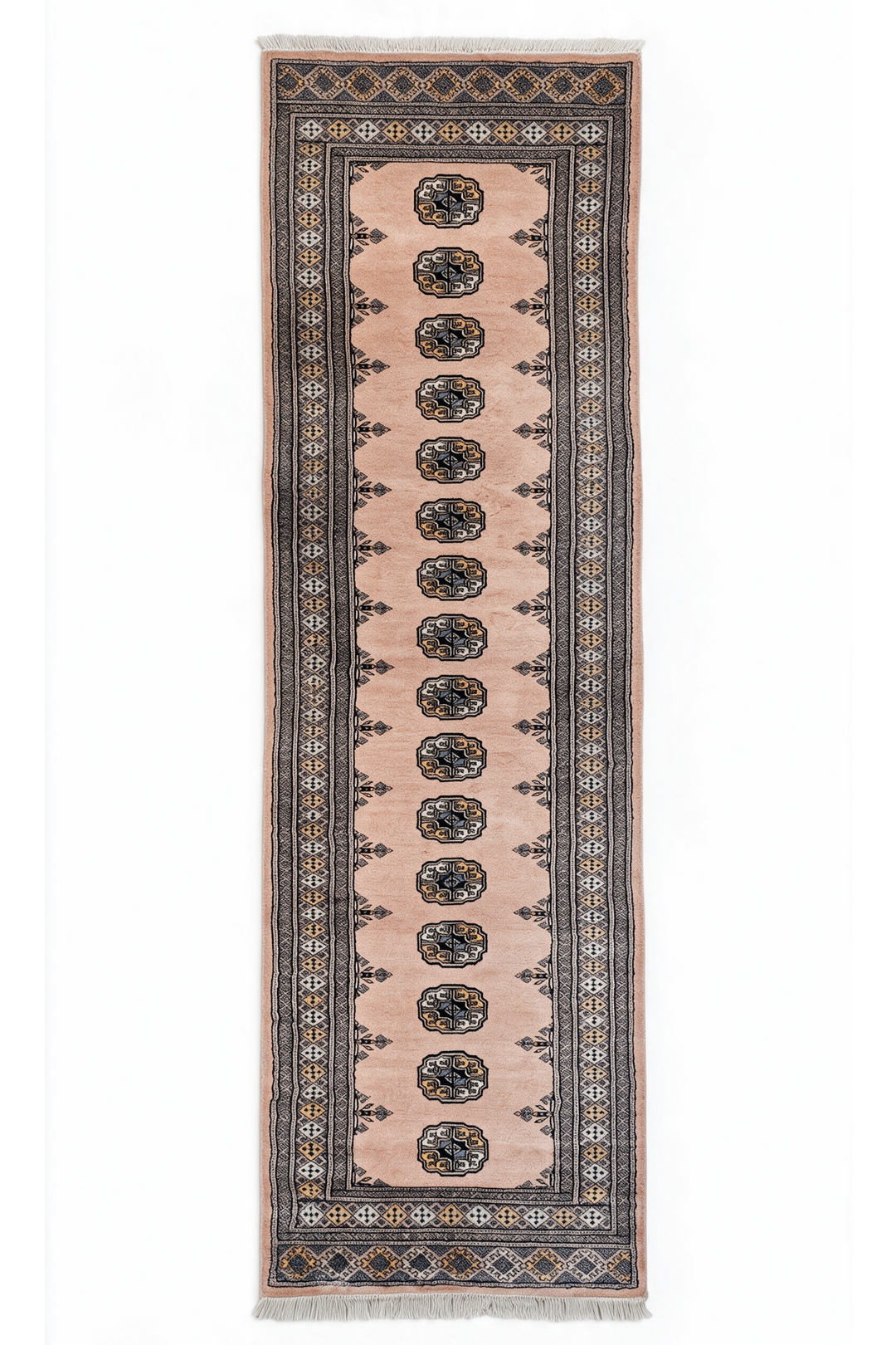 Salmon and Espresso Single Column Gül Bokhara, Hand-Knotted Wool Rug