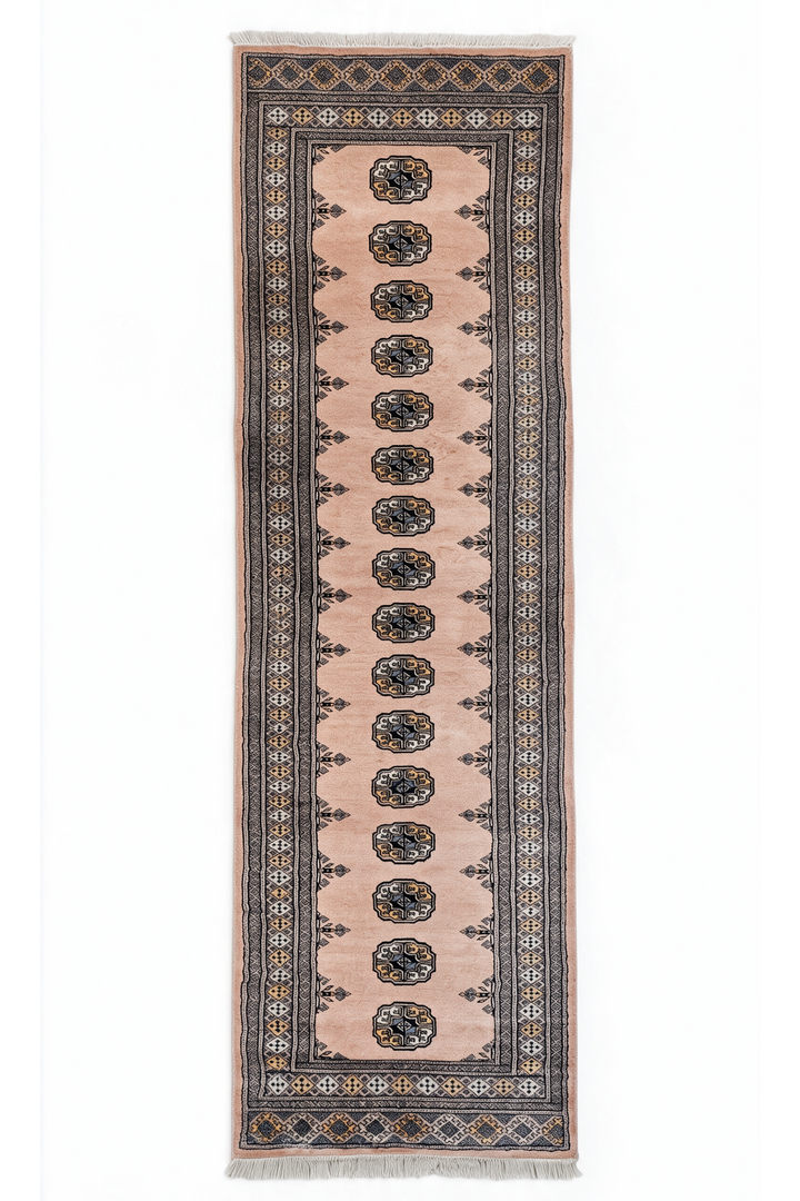 Salmon and Espresso Single Column Gül Bokhara, Hand-Knotted Wool Rug