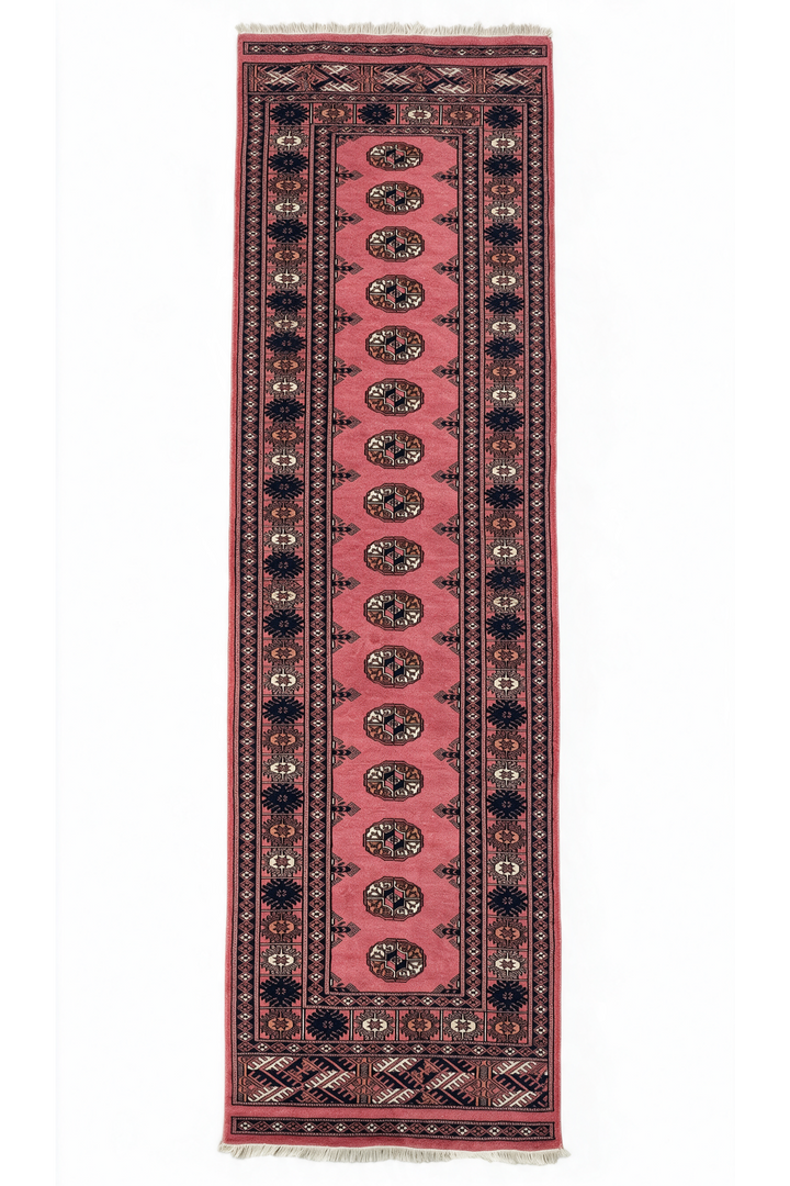 Rose and Navy Single Column Gül Bokhara, Hand-Knotted Wool Rug