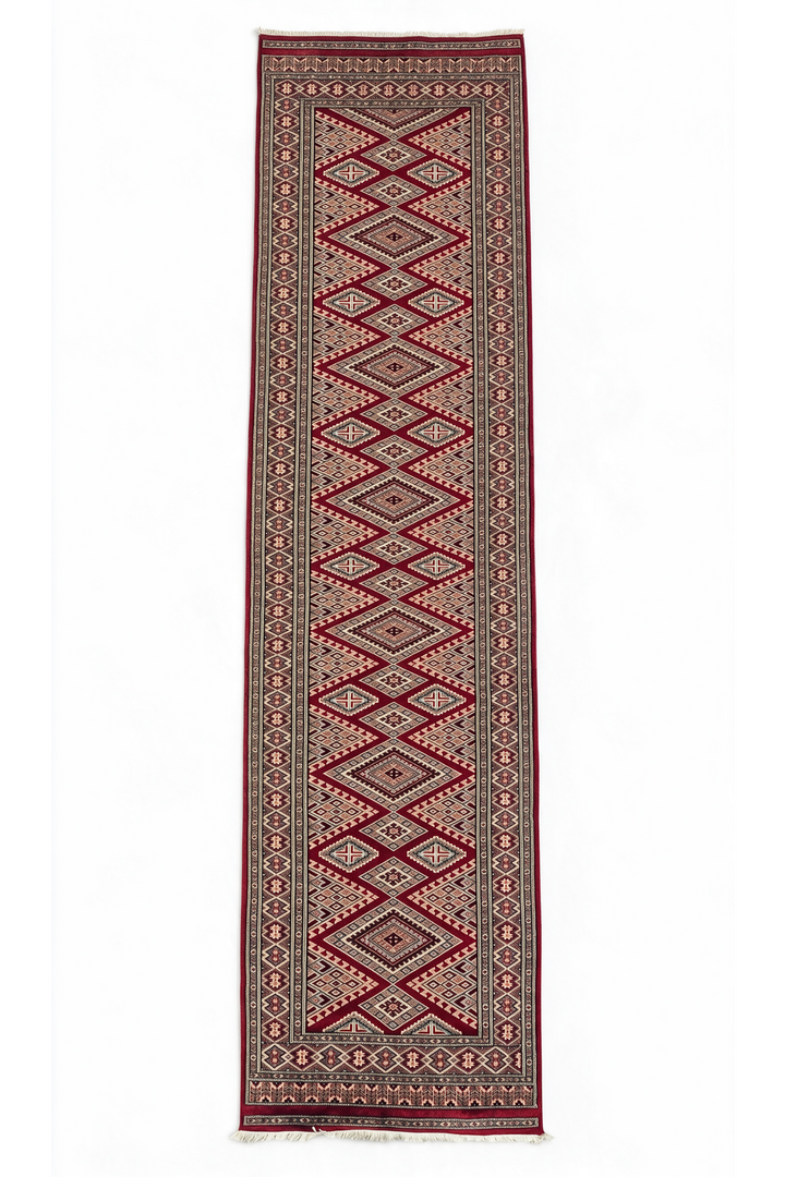 Wine and Cream Jaldar Lattice, Hand-Knotted Wool and Silk Rug
