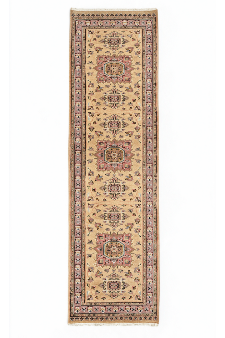 Golden and Rose Jaldar Medallion, Hand-Knotted Wool and Silk Rug