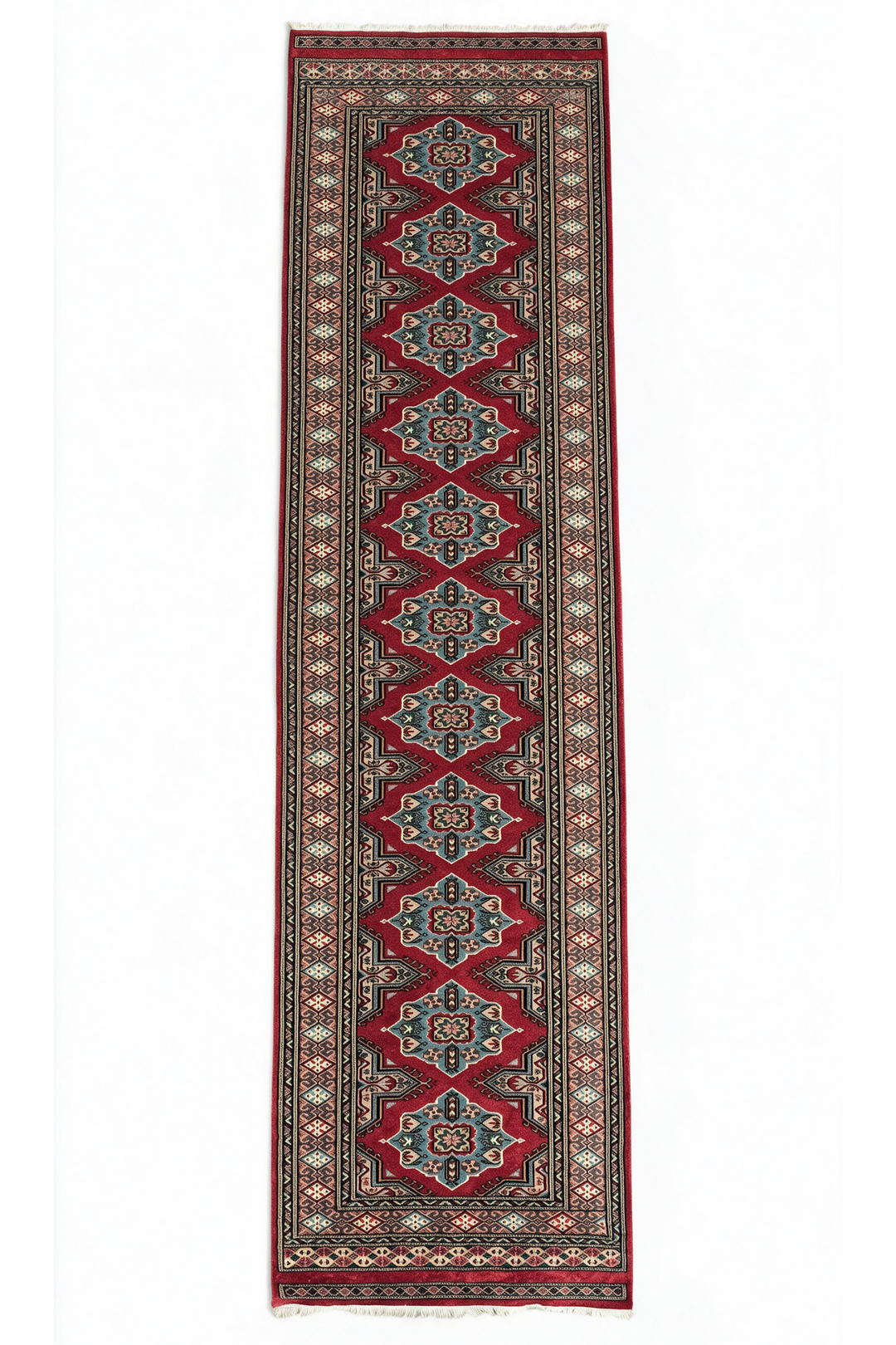 Crimson and Sea Green Jaldar Lozenge, Hand-Knotted Wool Rug
