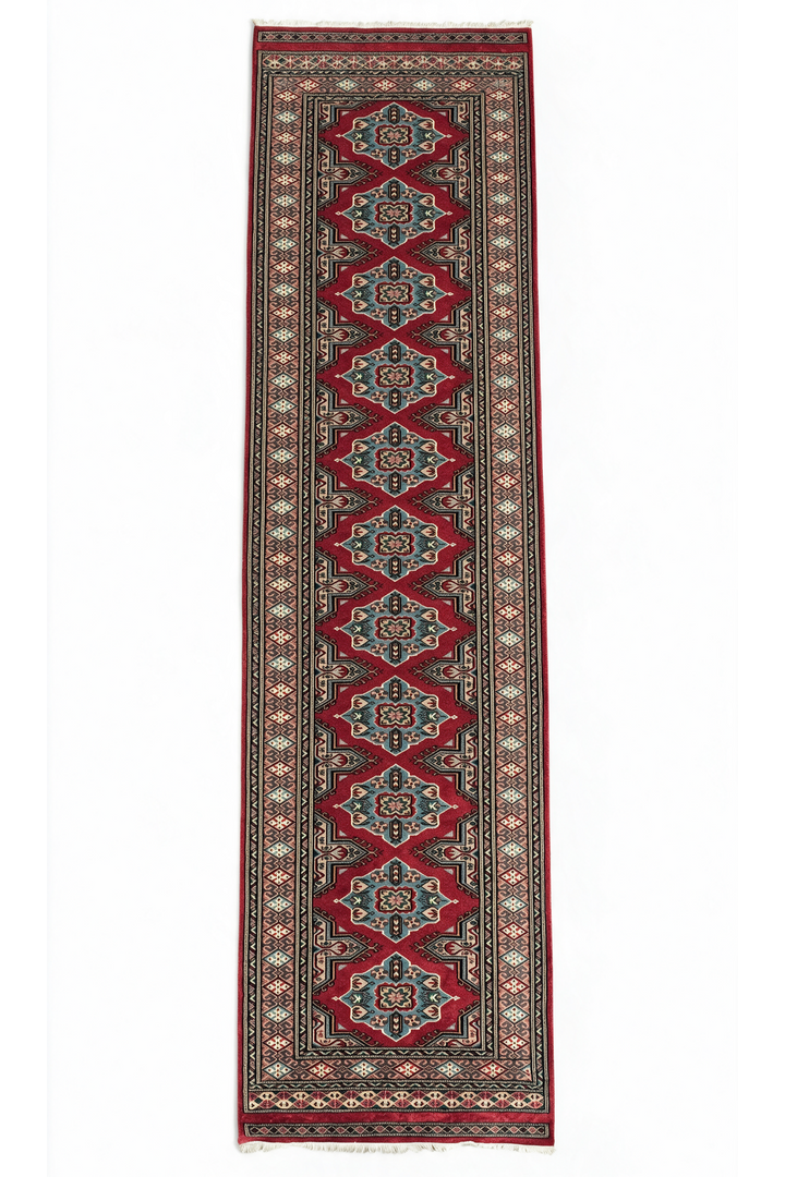 Crimson and Sea Green Jaldar Lozenge, Hand-Knotted Wool Rug