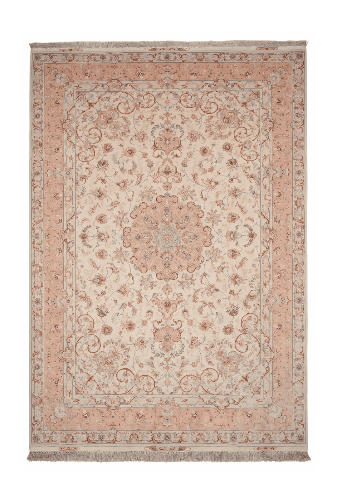 Ivory and Peach Scrolling Leaf Medallion Tabriz, Hand-Knotted Wool Rug