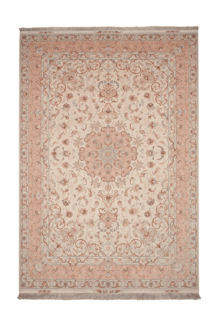 Ivory and Peach Scrolling Leaf Medallion Tabriz, Hand-Knotted Wool Rug