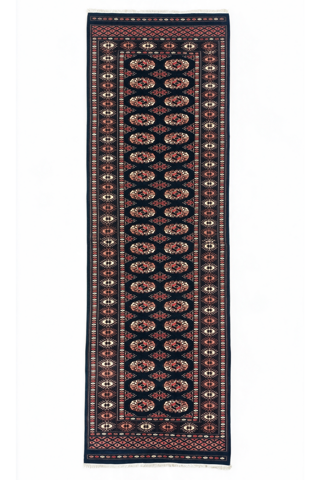 Navy and Rose Double Column Gül Bokhara, Hand-Knotted Wool Rug