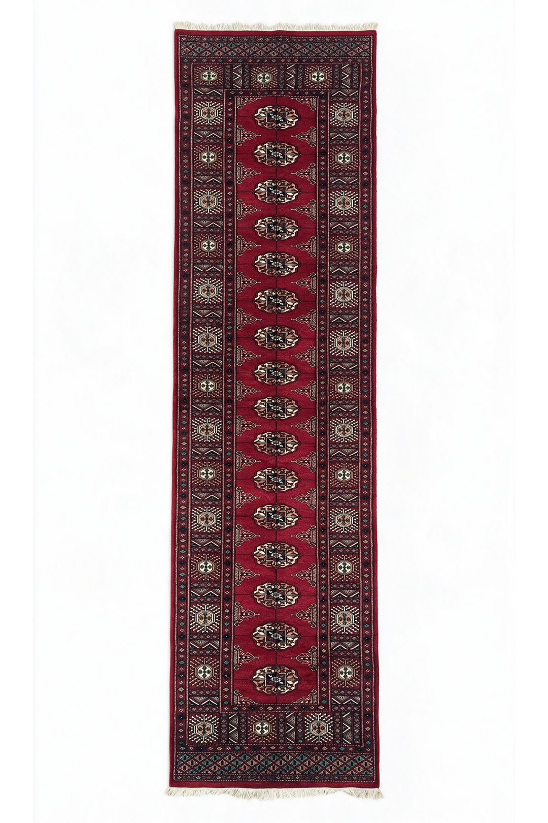 Wine Red and Cream Single Column Gül Bokhara, Hand-Knotted Wool Rug