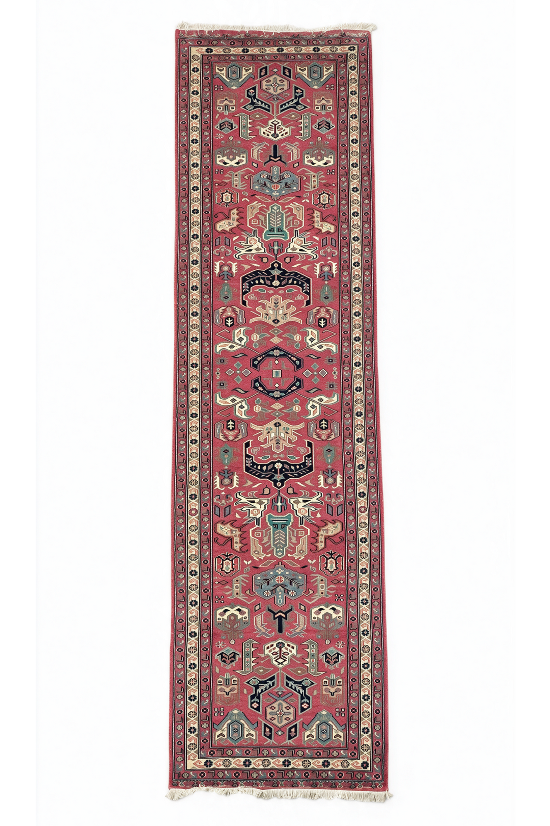 Rose and Teal Serrated Leaf Medallion, Hand-Knotted Wool Rug