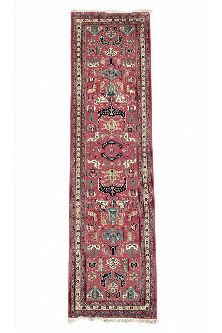 Rose and Teal Serrated Leaf Medallion, Hand-Knotted Wool Rug