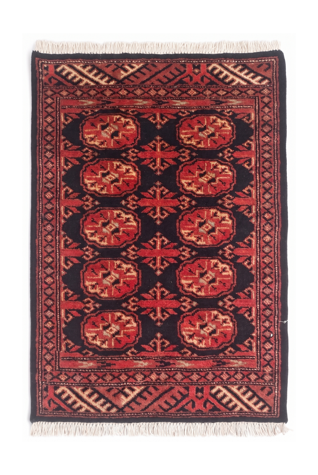Espresso and Brick Red Turkmen Gül Bokhara, Hand-Knotted Wool Rug