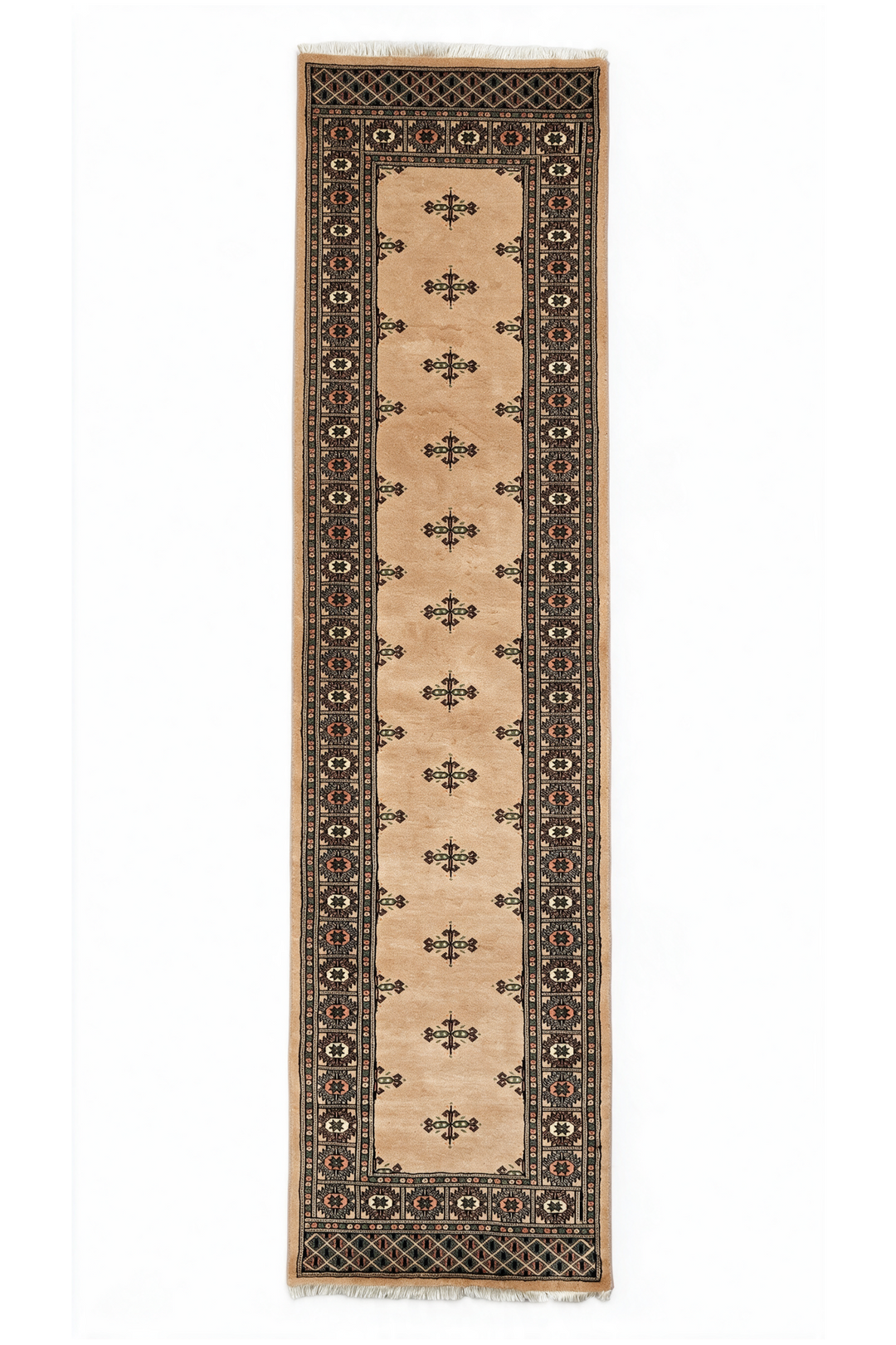 Camel and Espresso Open Field Bokhara, Hand-Knotted Wool Rug