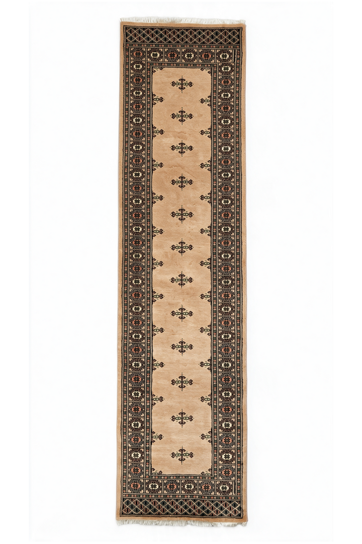Camel and Espresso Open Field Bokhara, Hand-Knotted Wool Rug