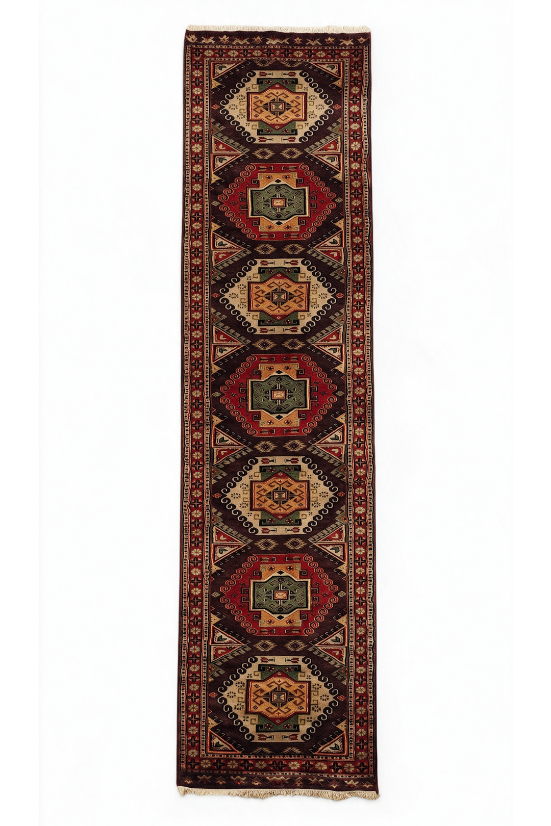 Espresso and Madder Red Scrolled Medallion, Hand-Knotted Wool Rug