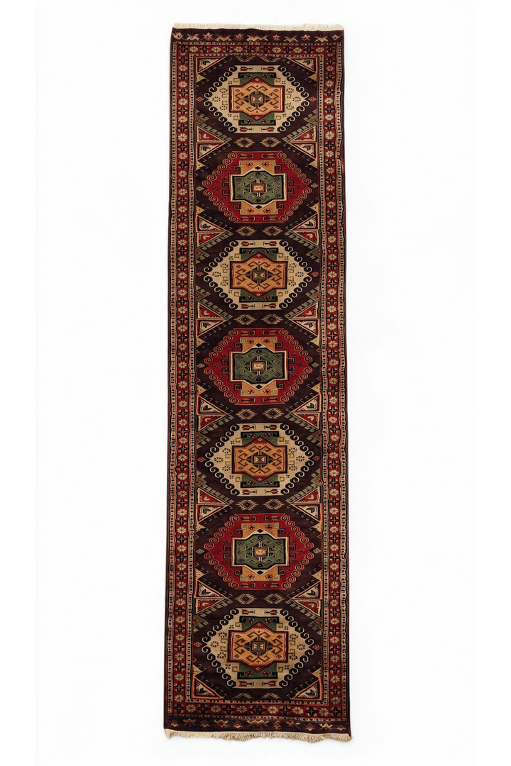 Espresso and Madder Red Scrolled Medallion, Hand-Knotted Wool Rug