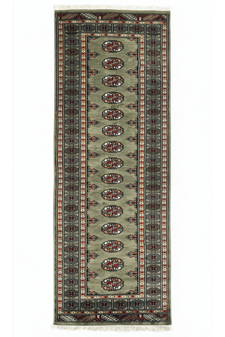 Olive and Peach Turkmen Gül Bokhara, Hand-Knotted Wool Rug