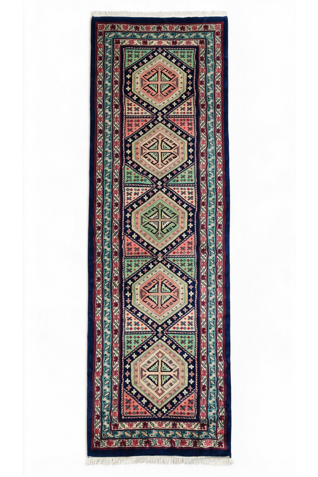 Navy and Rose Hexagonal Medallion Kazak, Hand-Knotted Wool Rug