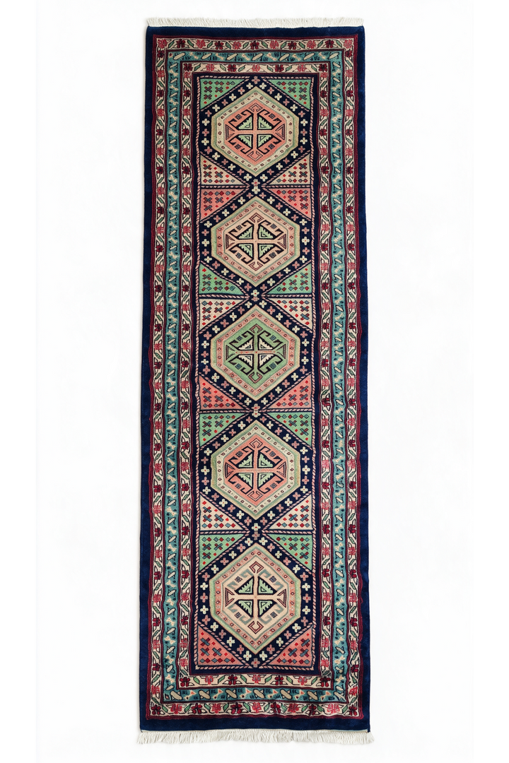 Navy and Rose Hexagonal Medallion Kazak, Hand-Knotted Wool Rug