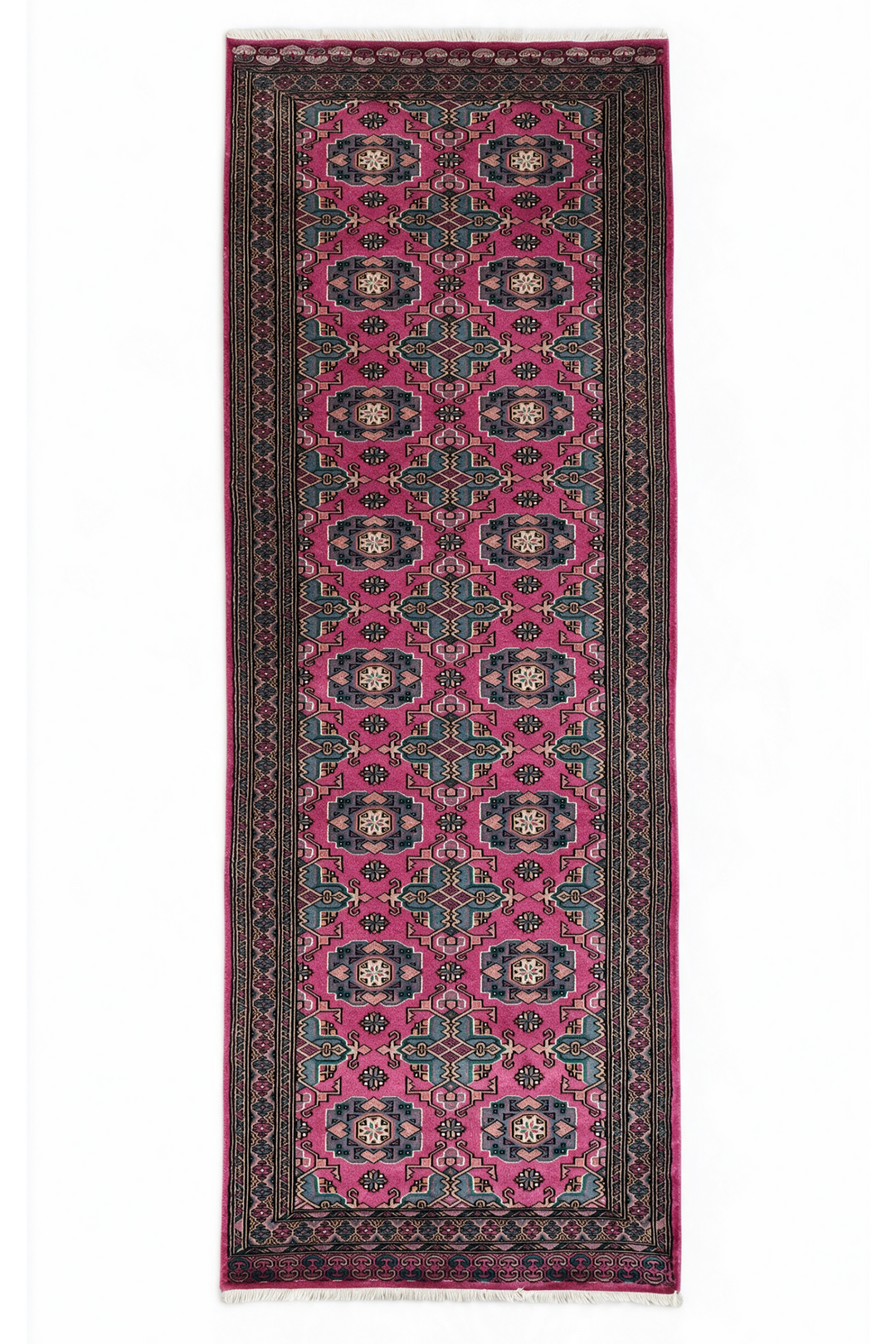 Magenta and Teal Jaldar Rosette Gül, Hand-Knotted Wool and Silk Rug