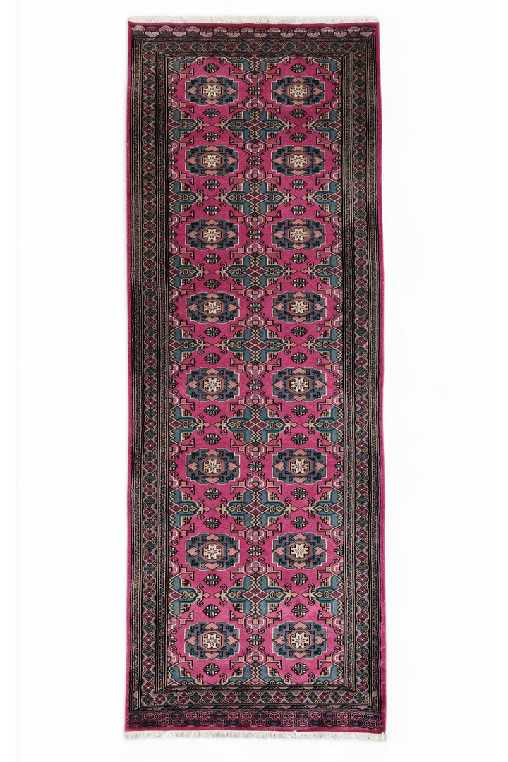Magenta and Teal Jaldar Rosette Gül, Hand-Knotted Wool and Silk Rug