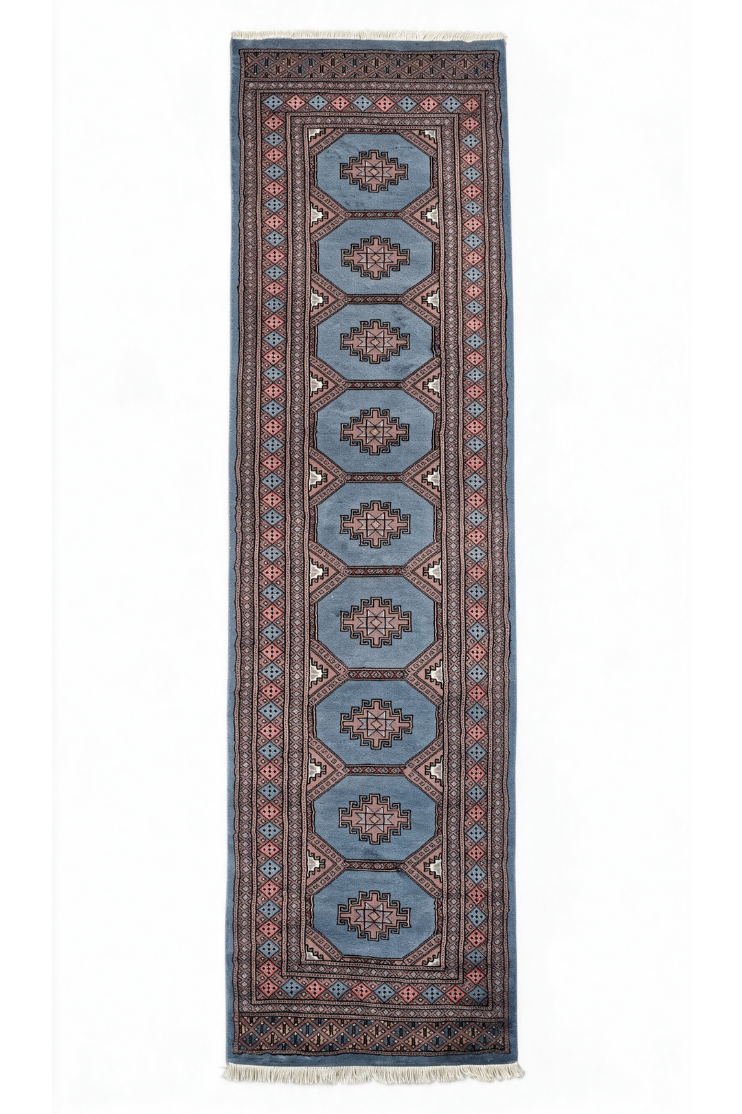 Dusty Blue and Rose Turkmen Gül Bokhara, Hand-Knotted Wool Rug