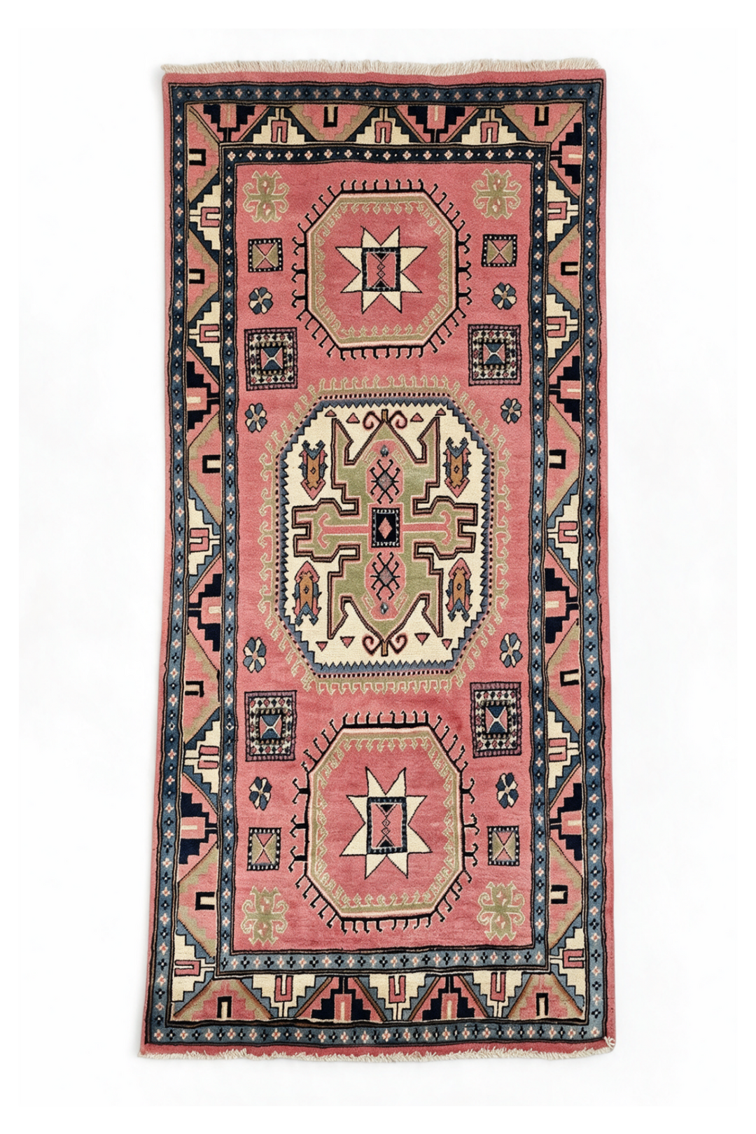 Rose and Ivory Star and Cross Medallion Kazak, Hand-Knotted Wool Rug