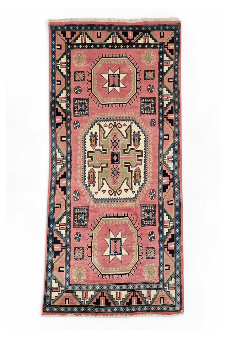 Rose and Ivory Star and Cross Medallion Kazak, Hand-Knotted Wool Rug