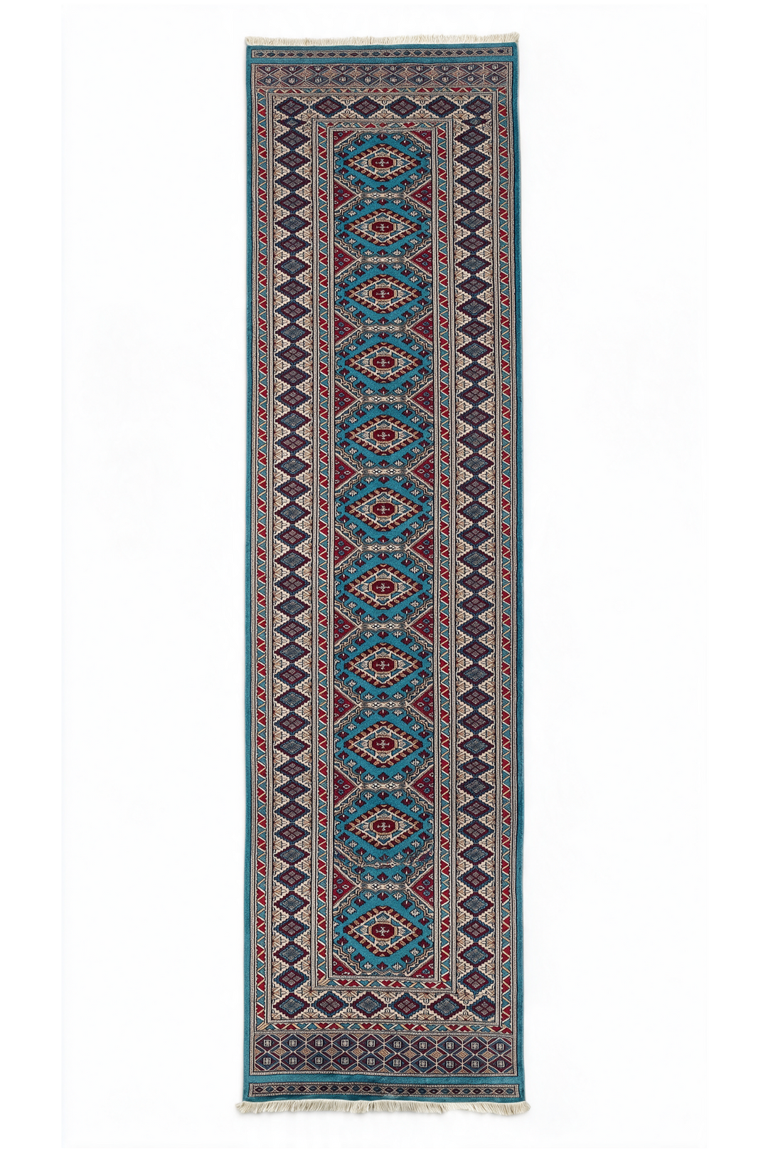 Turquoise and Wine Red Chained Diamond Medallion, Hand-Knotted Wool Rug