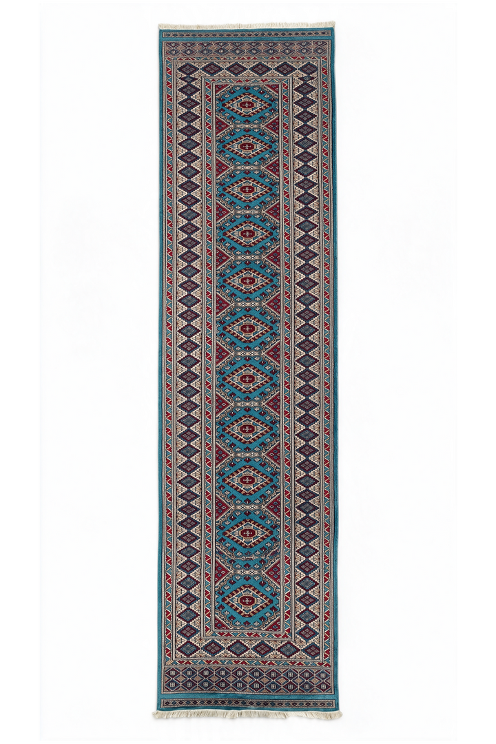 Turquoise and Wine Red Chained Diamond Medallion, Hand-Knotted Wool Rug