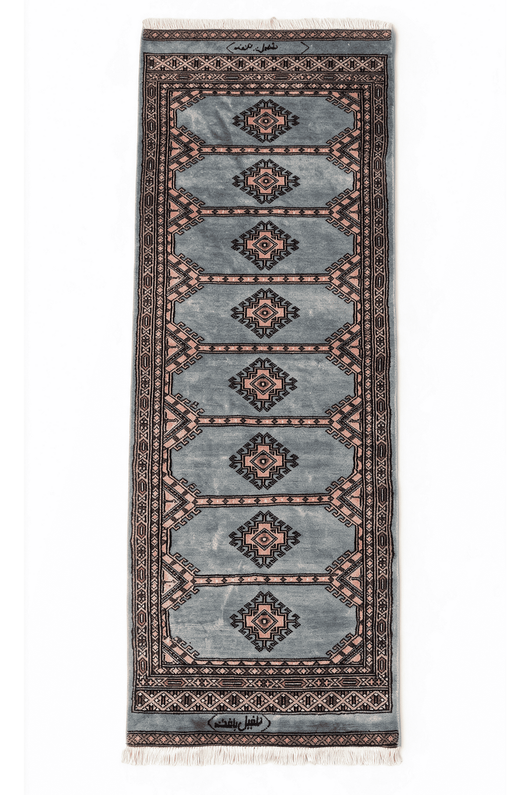 Dusty Blue and Peach Jaldar Diamond Medallion, Hand-Knotted Wool Rug