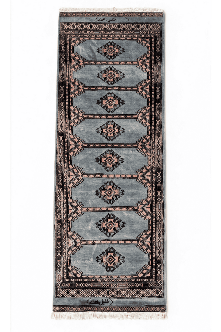 Dusty Blue and Peach Jaldar Diamond Medallion, Hand-Knotted Wool Rug