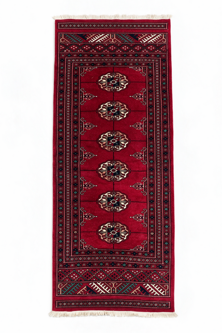 Madder Red and Ivory Turkmen Gül Bokhara, Hand-Knotted Wool Rug