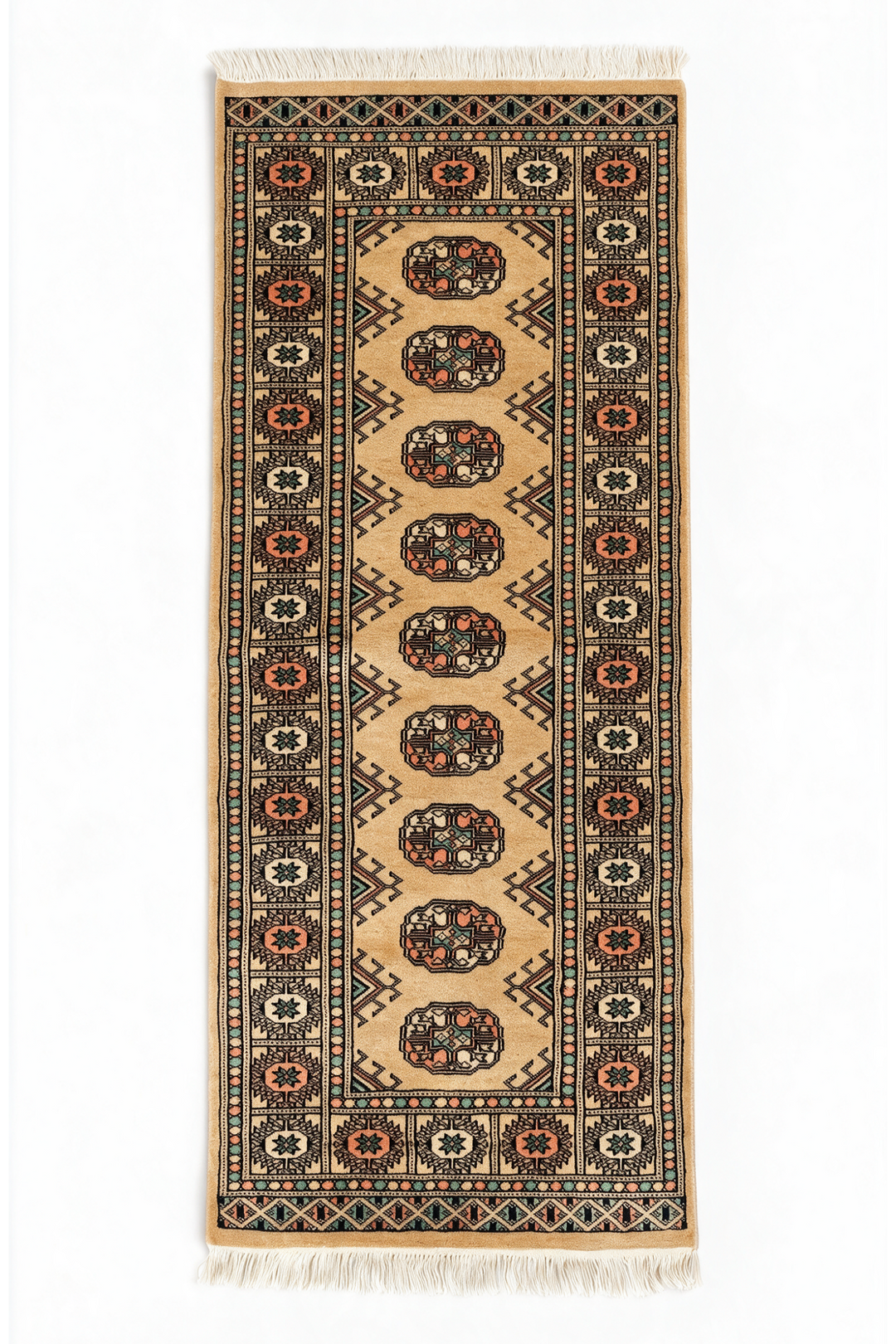 Gold and Peach Turkmen Gül Bokhara, Hand-Knotted Wool Rug