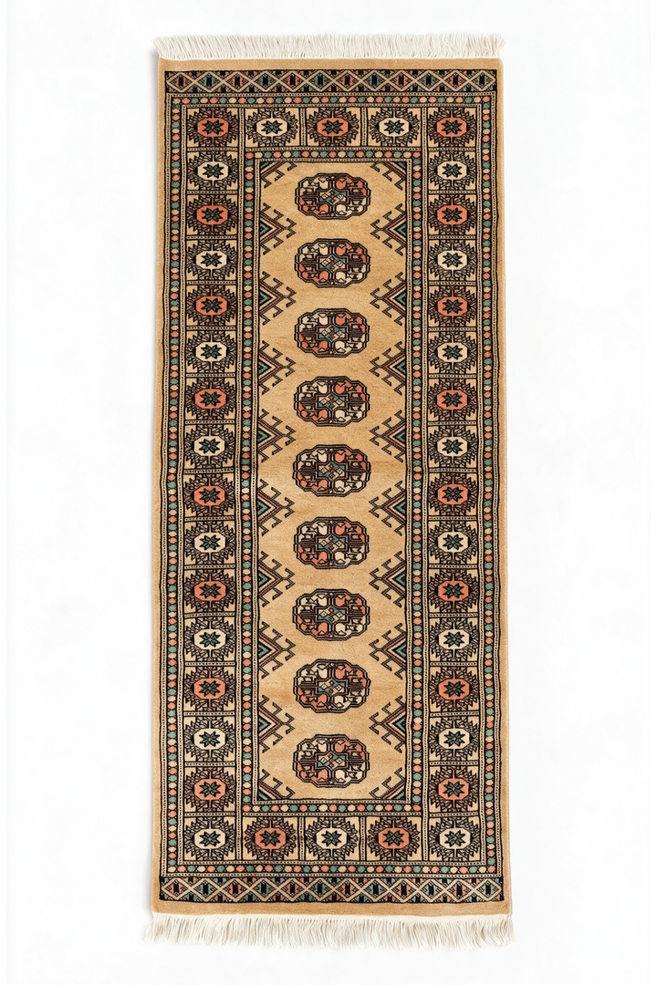 Gold and Peach Turkmen Gül Bokhara, Hand-Knotted Wool Rug