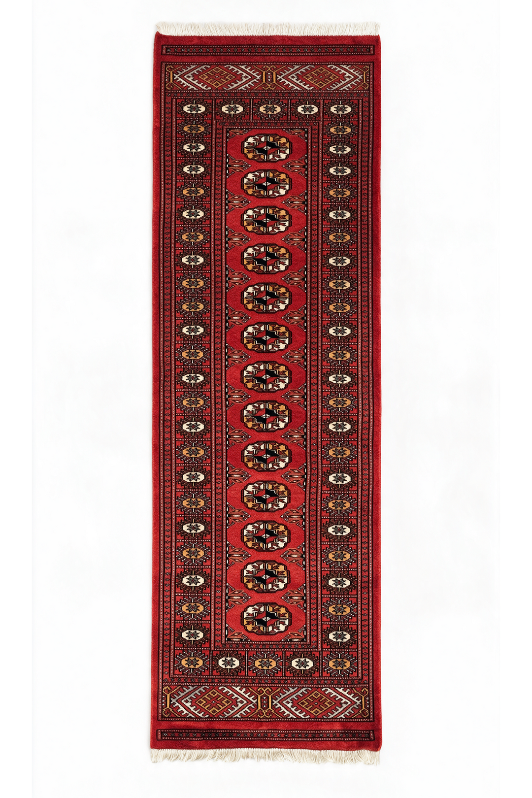 Red and Orange Turkmen Gül Bokhara, Hand-Knotted Wool Rug
