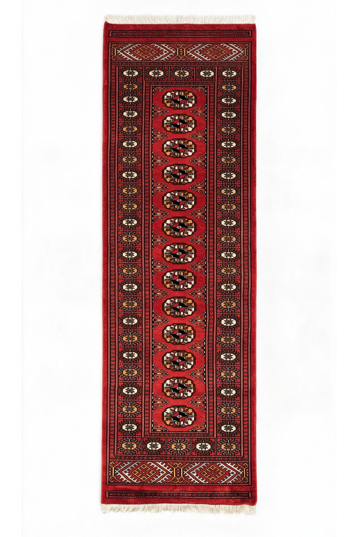 Red and Orange Turkmen Gül Bokhara, Hand-Knotted Wool Rug